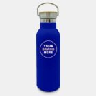 Blue insulated water bottle with a wooden handle on the lid. The bottle has a circular logo area on the front with the text YOUR BRAND HERE in white letters.