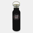 Black matte water bottle with a silver cap and a wooden handle, featuring the text Your Brand Here in white centered on the front within a circular border.