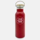 Red insulated water bottle with a circular logo reading YOUR BRAND HERE in white. It features a wooden lid with a metal handle against a plain background.