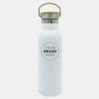 A white reusable water bottle with a stainless steel lid and bamboo handle is shown. It features a circular space on the front labeled Your Brand Here for custom branding.