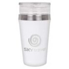 A white travel mug with a transparent lid, featuring a silver circular design and the text SKY travel on its body.