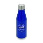Blue stainless steel water bottle with a silver cap. It features a round logo area on the front with the text Your Brand Here. The bottle is standing upright on a white background.