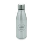 A silver stainless steel water bottle with a black ring around the cap. The bottle has a smooth, shiny surface, and the phrase YOUR BRAND HERE is engraved inside a circle on the front.