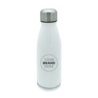 A white insulated water bottle with a stainless steel lid. The bottle features a circular emblem on the front, displaying the text Your Brand Here.