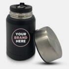 Black insulated bottle with a silver lid displayed beside it. The bottle has a label reading Your Brand Here in white text on a circular dark background. The lid has a metallic finish.