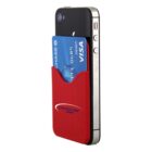A smartphone with a red cardholder attached to its back. The cardholder holds a blue Visa debit card. The phones side buttons are visible. The cardholder is branded with the text Charter One Bank.