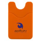 Bright orange silicone cardholder with a cut-out top, featuring a dark blue stylized logo resembling a bowling ball and pin. The text reads apollo 24 and cosmic bowling beneath the logo.