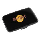 A black wallet with the Hard Rock Cafe logo in red and yellow printed on it. The wallet has a simple rectangular design with a snap closure.