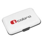 A white rectangular case with a black latch, featuring a red and white logo on the top with the word cobra next to it.