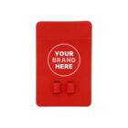 Red plastic card holder with two slots at the bottom and the text YOUR BRAND HERE in white inside a circle.