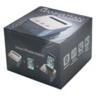 Box packaging of The Manhattan Bluetooth speaker. It features a smartphone stand with an image of a phone on the stand. Icons indicate Bluetooth, AUX, hands-free, and speaker functions. The box is black with white text and images.