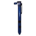 A blue multi-functional tool resembling a pen, featuring an LED light on one end and a stylus on the other. It includes inscriptions along the barrel.