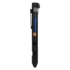 Black stylus pen with a clip, featuring blue and orange text and a logo. It has a textured grip near the tip and a button component on the side.