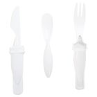 A white plastic cutlery set comprising a knife on the left, a spoon in the middle, and a fork on the right. Each piece has a smooth, minimalist design, placed vertically against a plain white background.
