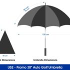 Diagram of a promo 30 auto golf umbrella with dimensions. Umbrella measures 130 cm wide and 96 cm tall. Panel dimensions are 76 cm high and 50 cm wide. Black and grey color scheme. Model: U52.
