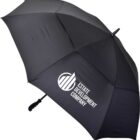 A black umbrella with a logo and text reading Estate Development Company printed in white. The umbrella has a curved handle and is open, showing its full canopy.