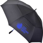 A black umbrella with a blue logo and the words Estate Development Company. The handle is slightly curved. The umbrella is open, displaying its large, curved canopy.