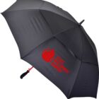 Black umbrella with a red logo and ESTATE DEVELOPMENT COMPANY printed on one panel in bold red letters. The umbrella has a curved handle.