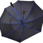 A large black umbrella with blue ribs, viewed from the top. The handle is black, and the umbrella is open, showcasing its structure and design.