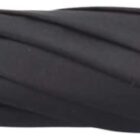 A close-up view of a closed, dark grey umbrella, showing its neatly wrapped fabric and pointed tip. The fabric appears smooth and tightly secured.