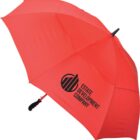 A red umbrella with the logo and text Estate Development Company printed in black. The handle is black and slightly curved.