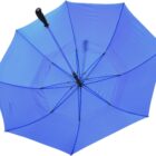 A bright blue umbrella with a black handle is open against a white background, showcasing its eight-panel design and metal frame.