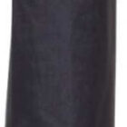 A folded black umbrella with a curved handle, resting vertically against a plain background.