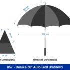 Diagram of a deluxe 30 auto golf umbrella with dimensions. The umbrella has a diameter of 130 cm and a height of 96 cm. Each panel is shown as a triangle measuring 76 cm height and 50 cm base. Labels indicate size in centimeters and inches.