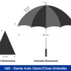 Diagram showing the U60 Genie Auto Open/Close Umbrella. The umbrellas dimensions are 93 cm wide and 80 cm high. Each panel is triangular with a base of 37 cm and height of 54 cm.