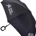 Black umbrella with a curved handle, featuring the Star Invest logo in white near the top.