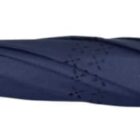 A closed, navy blue umbrella with a unique C-shaped handle, designed for easy carrying. The fabric is neatly folded with visible metal tips at the end.