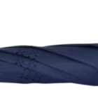 A closed navy blue umbrella with a curved black handle, resting horizontally on a white background.