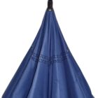 A closed, inverted blue umbrella with a distinctive C-shaped handle is shown. The fabric pattern includes small perforations near the top, designed in a floral style.