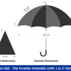 Illustration of an inverter umbrella with J or C handle. Shows dimensions: open umbrella is 107 cm wide and 83 cm tall, canopy height is 57 cm, and each triangular panel is 42 cm wide and 57 cm tall.