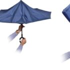 Four images show the sequence of opening and closing a blue reverse umbrella. A hand holds the C-shaped handle, demonstrating its unique design: fully open, partially closed, inverted during closing, and fully closed with the exterior exposed.