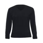 A black, long-sleeve, V-neck sweater displayed against a plain white background. The knit design is simple and classic, with a relaxed fit.