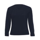 A plain, long-sleeved black sweater with a V-neck collar, shown against a white background.