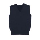 A dark sleeveless sweater vest with a V-neck, shown against a plain white background. The vest has a simple, classic design and appears to be made of knit fabric.