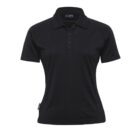 A black, short-sleeved polo shirt with a collar and three buttons down the front. The shirt has a fitted design, suitable for casual or semi-formal wear.
