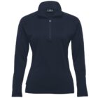 A black long-sleeve pullover shirt with a half-zipper down the front, designed for womens fit. The garment features a high collar and is displayed against a plain white backdrop.