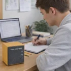 Person writing at desk with laptop and Willowdale 5W Bluetooth Speaker displaying your logo.