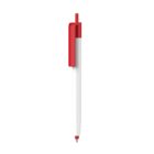A white pen with a red clip, red clicker, and red tip is isolated on a white background.