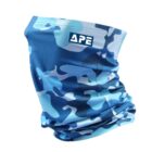 Blue camouflage neck gaiter with a white APE logo on the upper edge.