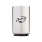 A stainless steel can cooler with black text and a stylized design resembling a gear on the front. The cooler is cylindrical and sits on a black base against a plain white background.