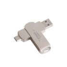 A silver USB drive with Team Pro engraved on its swivel cover. It features both USB-A and USB-C connectors, designed for data storage and transfer. The connectors are visible due to the partially open swivel design on a plain white background.