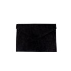 A textured black envelope against a plain white background. It is closed and has a triangular flap.