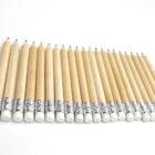 A row of twenty-four sharpened wooden pencils with pink erasers and silver ferrules are neatly aligned on a white background.