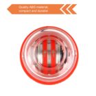 Top view of a cylindrical red and transparent manual blade sharpener. Text above reads Quality ABS material, compact and durable with two orange arrows pointing right.