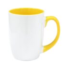 A ceramic mug with a glossy white exterior and a bright yellow interior and handle. The mug is placed against a plain white background.