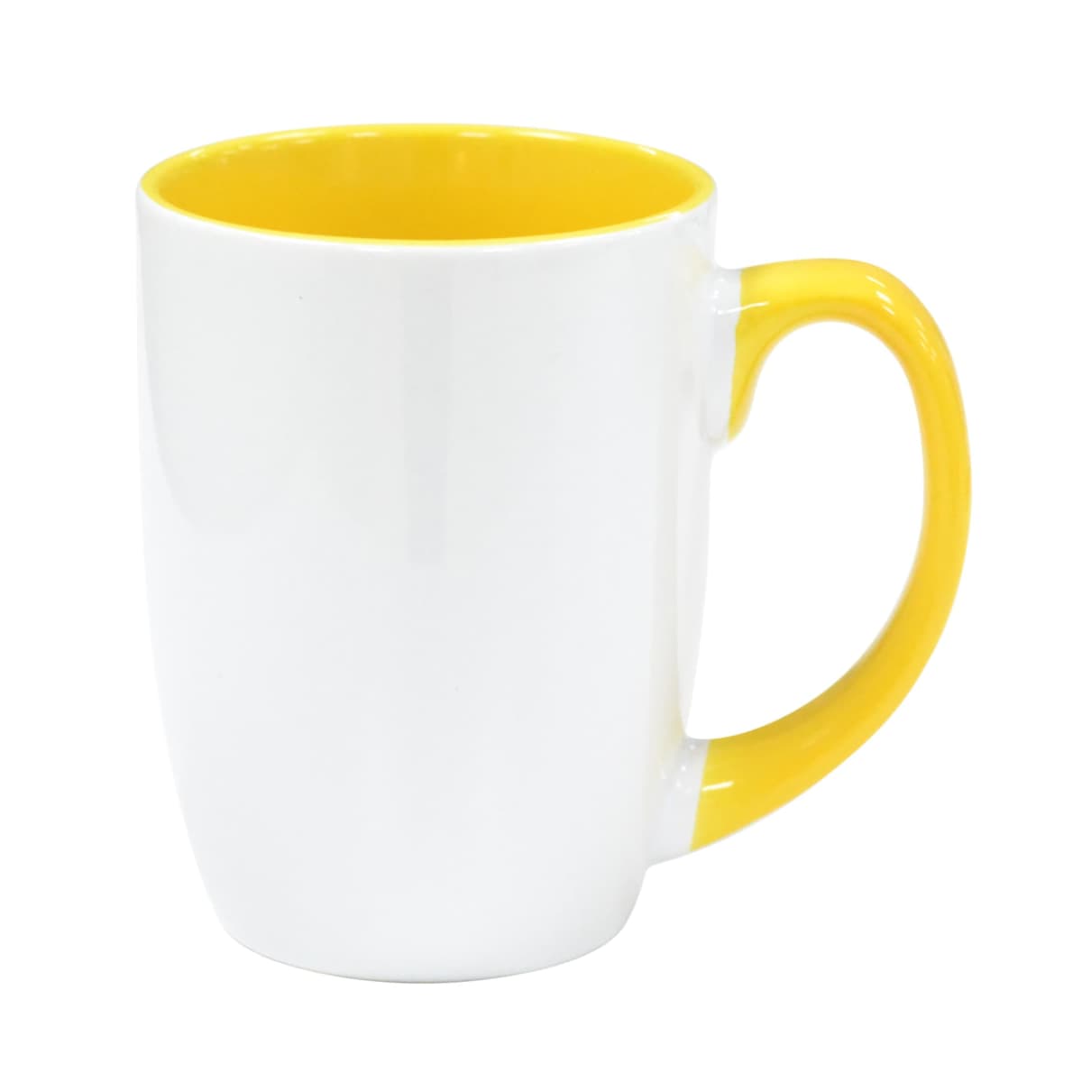A ceramic mug with a glossy white exterior and a bright yellow interior and handle. The mug is placed against a plain white background.
